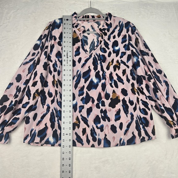 Women's Pink Blue Patterned Long Sleeve Blouse Size 1XL Notch Neck‎ Ruffle - Picture 6 of 8